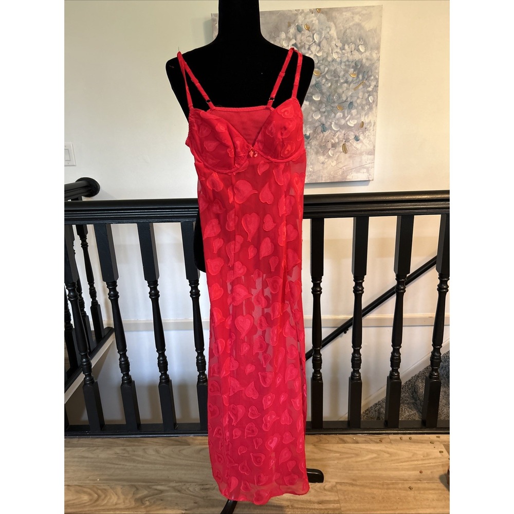 Vtg 90s VICTORIA'S SECRET Pink Sheer Raised Hearts Maxi Adjustable Straps Size S